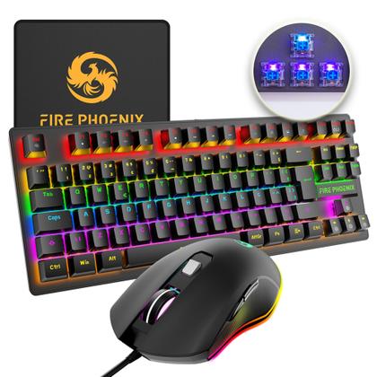 Imagem de Kit Teclado E Mouse Mecânico Abnt2 Gamer Iluminação Led Rgb Switch Blue Usb MousePad Be-k1 Preto