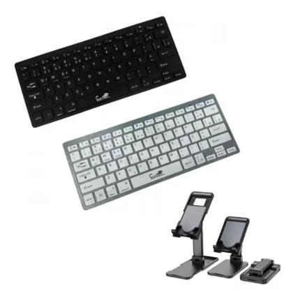 Imagem de Kit Teclado Portátil Bluetooth Sem Fio Ultra Fino + Suporte de Celular Universal Mesa Apoio