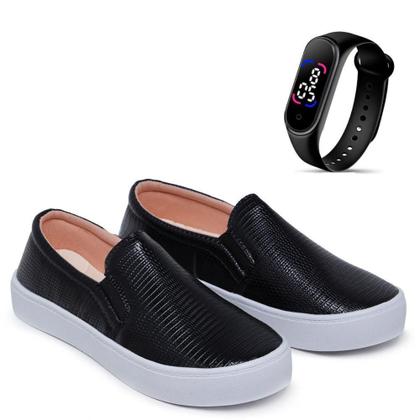 Imagem de Kit Tênis Casual Feminino Macio Legítimo Slip On Iate + Relógio Touch Digital