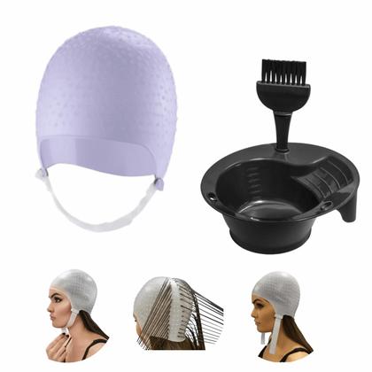 Imagem de Kit Tintura Tigela Pincel e Touca Para Mechas Luzes Siliconada Profissional Dompel Cores - Roxa