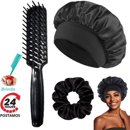 Imagem de Kit Touca de Cetim Faixa Larga Anti Frizz + Xuxinha Fru fru de Cetim + Escova Cabelo Raquete Vazada