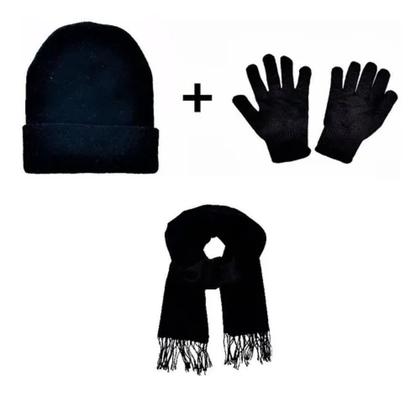 Imagem de Kit Touca Lã Preta + 1 Par Luvas + 1 Cachecol Preto Inverno