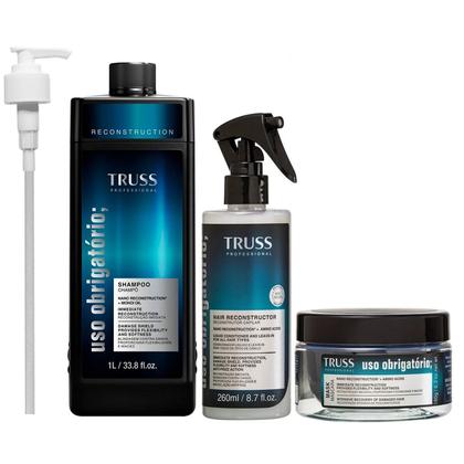 Imagem de Kit TRUSS Uso Obrigatório Shampoo 1 Litro + Máscara 180g + Spray Reconstrutor 260ml + Válvula Pump