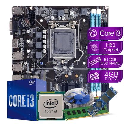 Imagem de Kit Upgrade Intel Core i3 4gb 512gb ssd sata h61 - PC Master