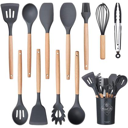 Imagem de Kit Utensílios De Silicone Jogo Com 12 Peças Para Cozinha Com Cabo De Madeira