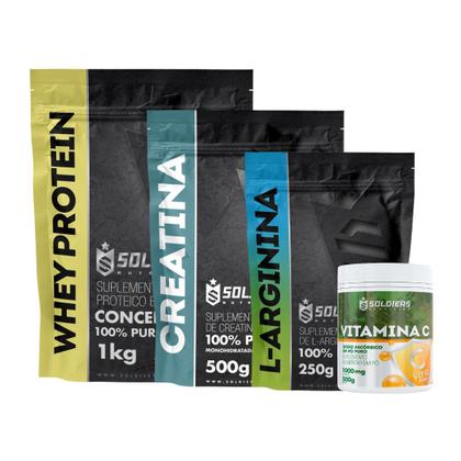 Imagem de Kit: Whey Protein Concentrado 1kg + Creatina 500g + Vitamina C Em Pó 500g + Arginina 250g - 100% Importado - Soldiers Nu