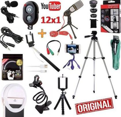 Imagem de Kit Youtuber 12x1 Tripé  4 metros Celular Lente Universal + Bastao p2 disparador Fotos + 3 Mini tri