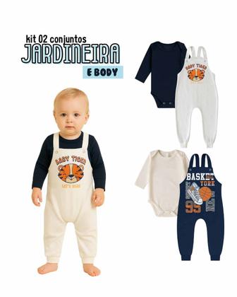 Imagem de Kit2 Jardineira Bebê Longa Algodão Menino Menina body gola envelope botão pressão ajuste altura P-GG