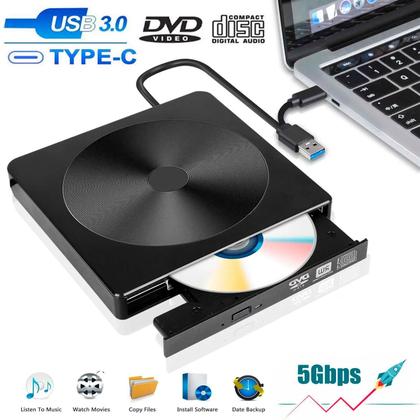 Imagem de Leitor e Gravador de Cd Dvd Externo PC e Notebook Usb 3.0 Drive Portátil Slim Preto Linux Mac Ultrabook Windows Laptop