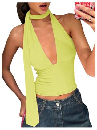 Imagem de Lenço Halter Crop Top SOLY HUX feminino com decote em V profundo amarelo