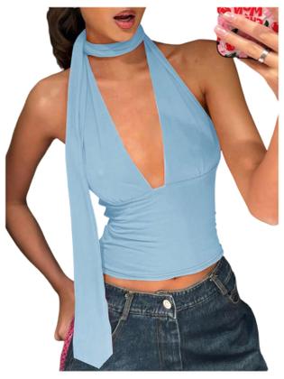 Imagem de Lenço Halter Crop Top SOLY HUX feminino com decote em V profundo azul