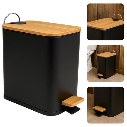Imagem de Lixeira Retangular Preto Fosco Com Bambu De Pedal 5 Litros Soft Close Metal 