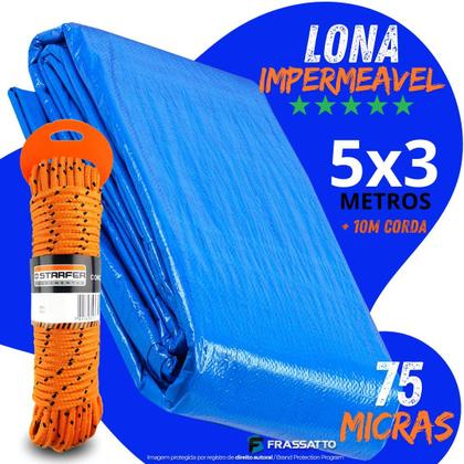 Imagem de Lona Plástica 5x3 Metros 75G Resistente Para Acampamentos E Toldos Cobertura Garagem Piscina + Corda