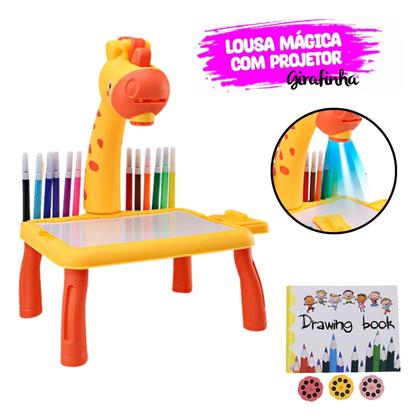 Imagem de Lousa Mágica Girafa Amarela para Desenhar Mesinha Com Projetor de Desenhos 24 Modelos Diferentes com Pezinho Apagador Incluso Coordenação Motora