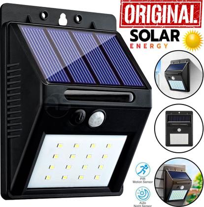 Imagem de Luminária Carregamento Solar Leds Sensor De Movimento Presença Automático Fotocélula Parede Externa Forte A Prova Dágua