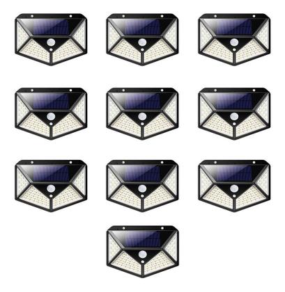 Imagem de Luminaria Solar 100 leds branco quente Sensor de Movimento Presença Kit 10 Uni 3 Funçoes Lampada Iluminaçao