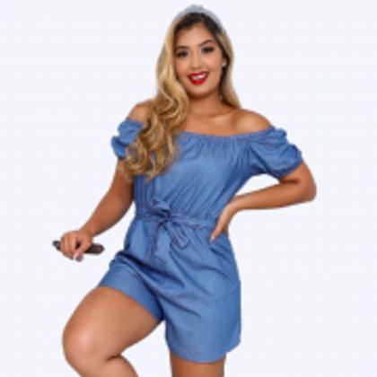 Imagem de Macacão Ciganinha com Detalhe de Amarração na Cintura no Visco Jeans, tecido Eko Sustentável