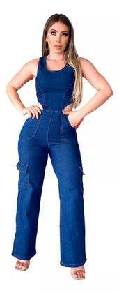 Imagem de Macacão Jeans Feminino Wideleg Cargo - Com Lycra - Novidade