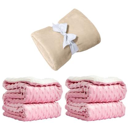 Imagem de Manta Cobertor Kit 3 pçs c/ 1 Comfy Bege 2 Pipoquinha Rosa