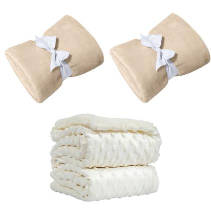 Imagem de Manta Cobertor Kit 3 pçs c/ 2 Comfy Bege 1 Pipoquinha branco