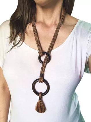 Imagem de Maxi Colar Japamala De Corda Couro Madeira Ajustável Ramira