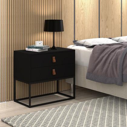 Imagem de Mesa Cabeceira Preto 2 Gavetas C/Puxador de Couro Estilo Industrial