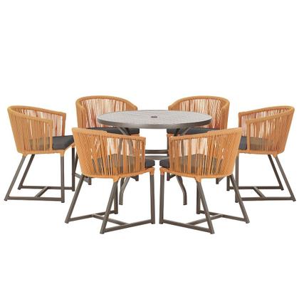 Imagem de Mesa com 6 Cadeiras de Jantar Roma 120cm e Noronha em Alumínio Marrom Corda Náutica Estofado 11 Trama Original