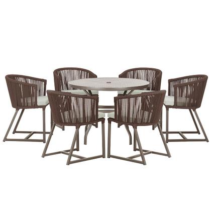 Imagem de Mesa com 6 Cadeiras de Jantar Roma 120cm e Noronha em Alumínio Marrom Corda Náutica Estofado 3 Trama Original