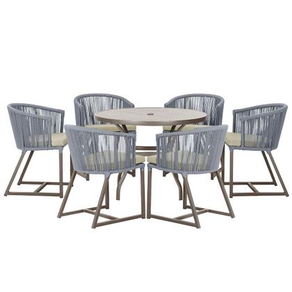 Imagem de Mesa com 6 Cadeiras de Jantar Roma 120cm e Noronha em Alumínio Marrom Corda Náutica Estofado 7 Trama Original