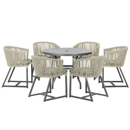 Imagem de Mesa com 6 Cadeiras de Jantar Roma 120cm e Noronha em Alumínio Preto Corda Náutica Estofado 5 Trama Original