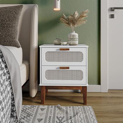 Imagem de Mesa De Cabeceira 2 Gavetas Santorini Branco 45 Cm Palhinha Indiana