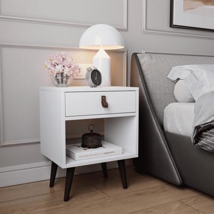 Imagem de Mesa de Cabeceira Mesinha Para Quarto 1 Gaveta Puxador em Couro Ravenna