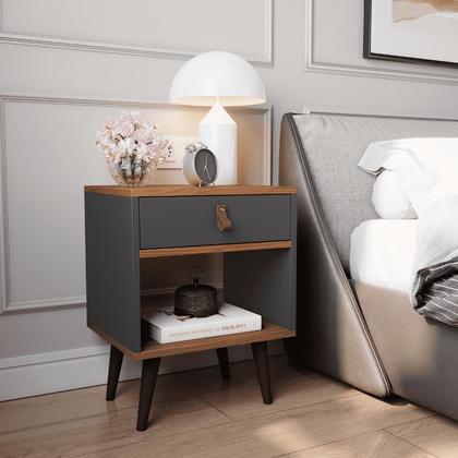 Imagem de Mesa de Cabeceira Mesinha Para Quarto 1 Gaveta Puxador em Couro Ravenna