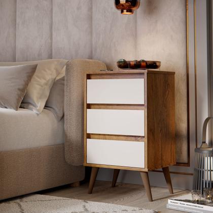 Imagem de Mesa de Cabeceira para quarto Retrô Wood 3 gavetas pés palito em plástico - Freijó com Off White
