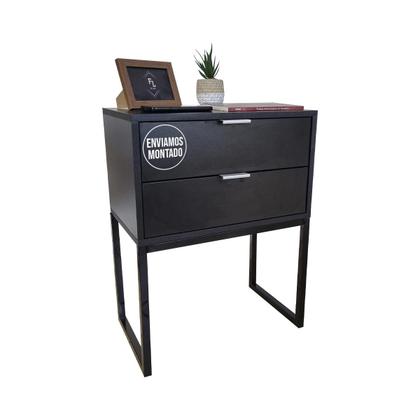 Imagem de Mesa De Cabeceira Preta Eco Industrial 50cm 2 Gavetas MDF Base Ferro Quarto Lateral Cama Já Montado