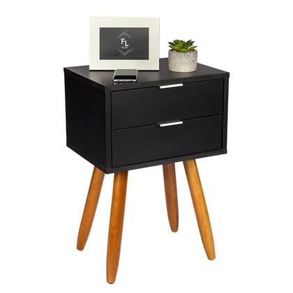 Imagem de Mesa de Cabeceira Retrô 40cm Preto 2 Gavetas Pés Palito Madeira Maciça - Enviamos Montado