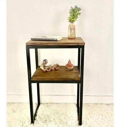 Imagem de Mesa De Canto Cabeceira Criado em Madeira Industrial Metal Preto