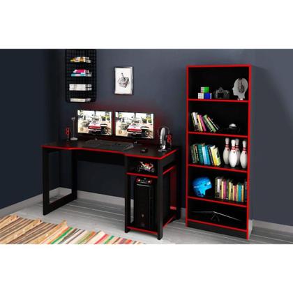 Imagem de Mesa de Computador Quarto Gamer ( de Computador + Estante) 2 Peças Preto/Vermelho - Tecno Mobili