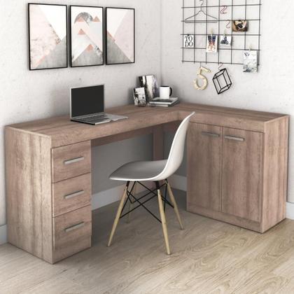 Imagem de Mesa de Escritório em L com 3 Gavetas e 2 Portas - Rústico