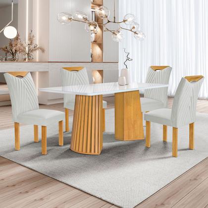 Imagem de Mesa de Jantar 4 Lugares Stella com Vidro Ripado Cinamomo/Off White/Boucle Gelo - Cel Móveis