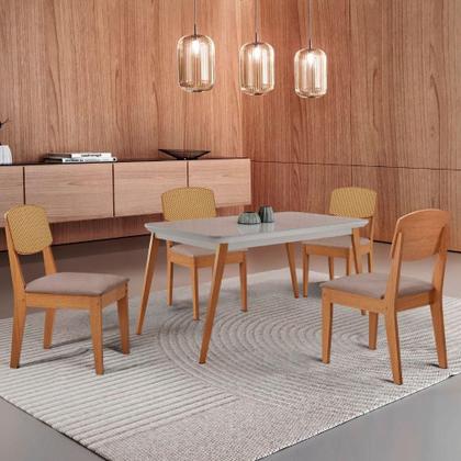 Imagem de Mesa De Jantar Copper 120cm Tampo Mdf Vidro 4 Cadeiras Linho Capuccino/off/nat/serig. Off