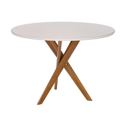 Imagem de Mesa de Jantar Redonda Olinda 109cm com Tampo de Vidro Off White e Base em Madeira Maciça Cinamomo