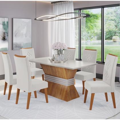 Imagem de Mesa de Jantar Retangular Ginny C/6 Cad Flora em Madeira Maciça Mel/Blonde/V.marfim