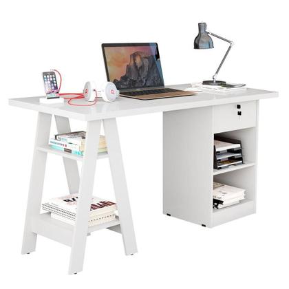 Imagem de Mesa Escrivaninha Para Escritório 1 Gaveta Com Chave Boreal Branco