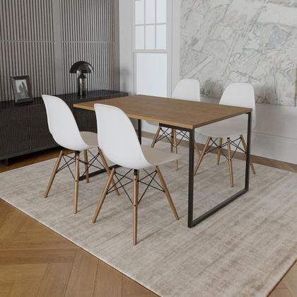 Imagem de Mesa Industrial Base de Ferro Preto 137x90 Tampo Amêndoa 4 Cadeiras Eiffel Madeira Assento Branco