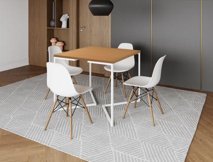 Imagem de Mesa Industrial Base Ferro Branco em  V  Tampo 90x90 Canela  4 Cadeiras Eames Madeira Assento Branco