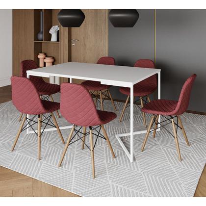 Imagem de Mesa Industrial Retangular Branca Base V Aço Branco 137x90cm 6 Cadeiras Madeira Estofadas Vermelhas