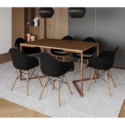 Imagem de Mesa Industrial Retangular Jantar 137x90cm Amêndoa Base Cobre V com 6 Poltronas Pretas Eames Eiffel 