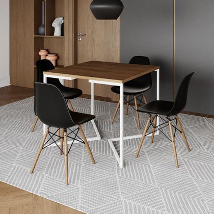 Imagem de Mesa Jantar Industrial Amêndoa 90x90cm Base V Ferro Branco com 4 Cadeiras Eames Eiffel Madeira Preta