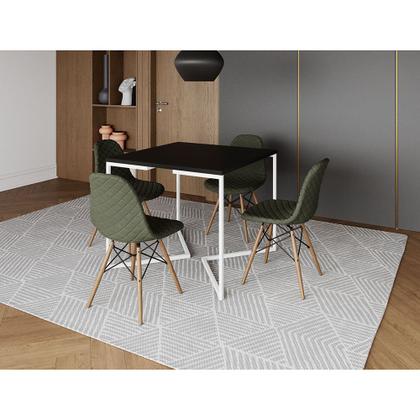 Imagem de Mesa Jantar Industrial Base V Ferro Branco 90cm Quadrada Preta 4 Cadeira Madeira Estofada Verde